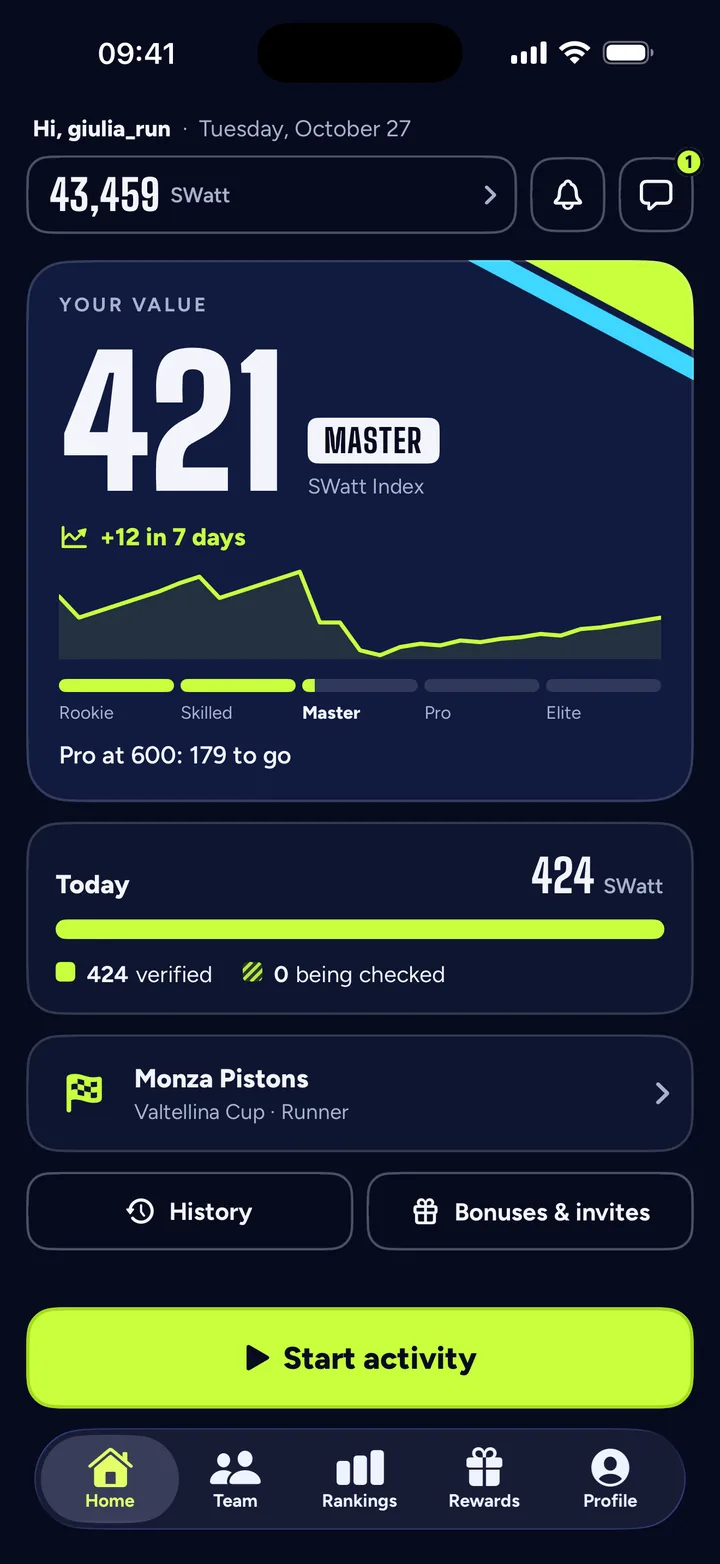 The SwattRacing app Home: SWatt Index, a race open for sign-ups and today’s SWatt.