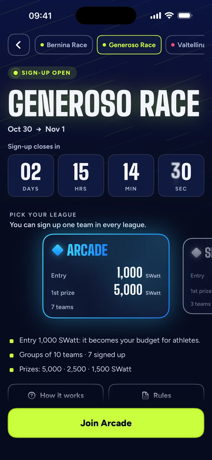 SwattRacing app screen: A race opens