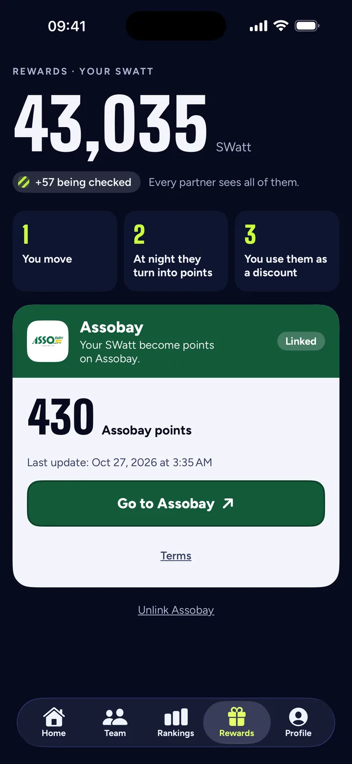 The Rewards page in the app, with Assobay linked and the points.