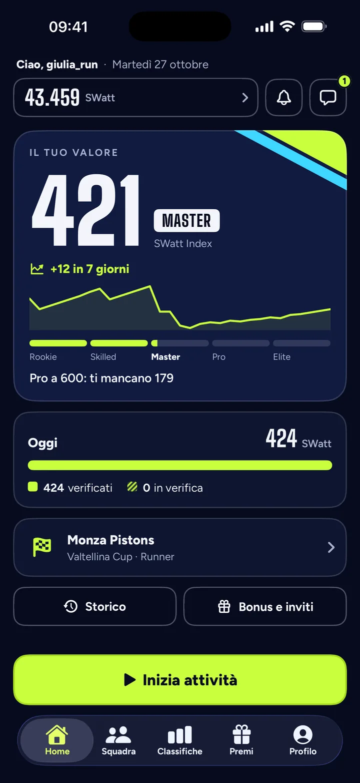 La Home dell’app SwattRacing: lo SWatt Index, la race con le iscrizioni aperte e gli SWatt di oggi.