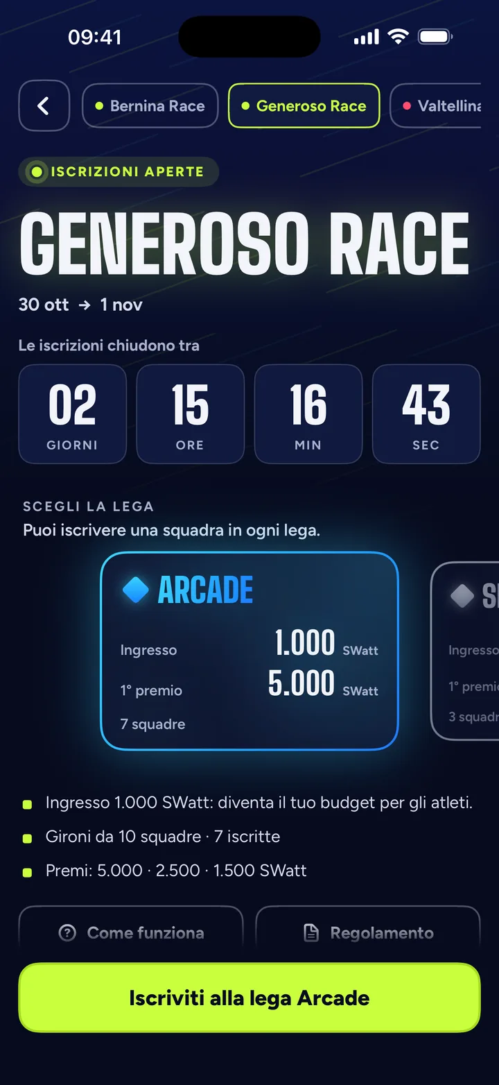 Schermata dell’app SwattRacing: Si apre una race