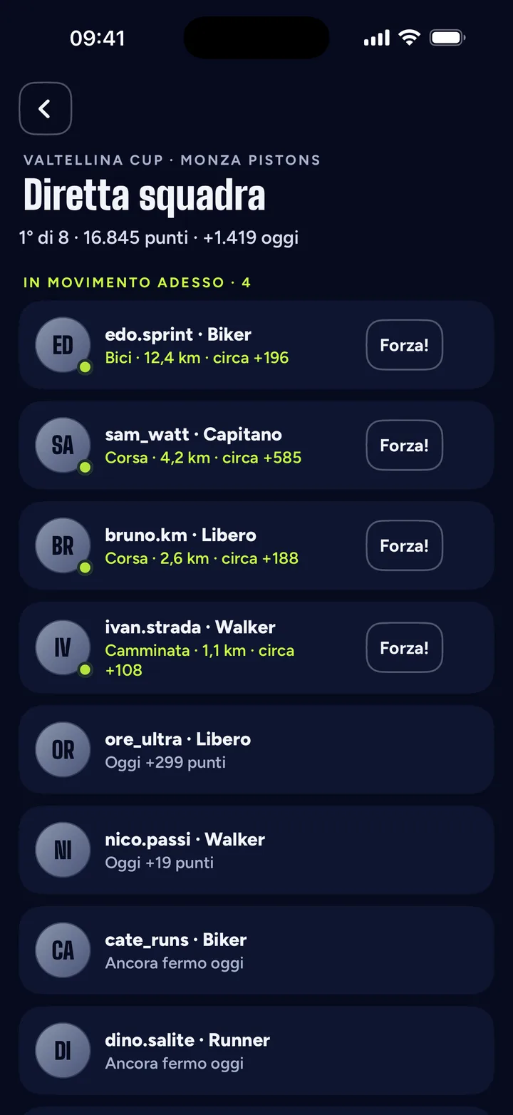La diretta della squadra nell’app: chi si sta muovendo adesso, senza la posizione.